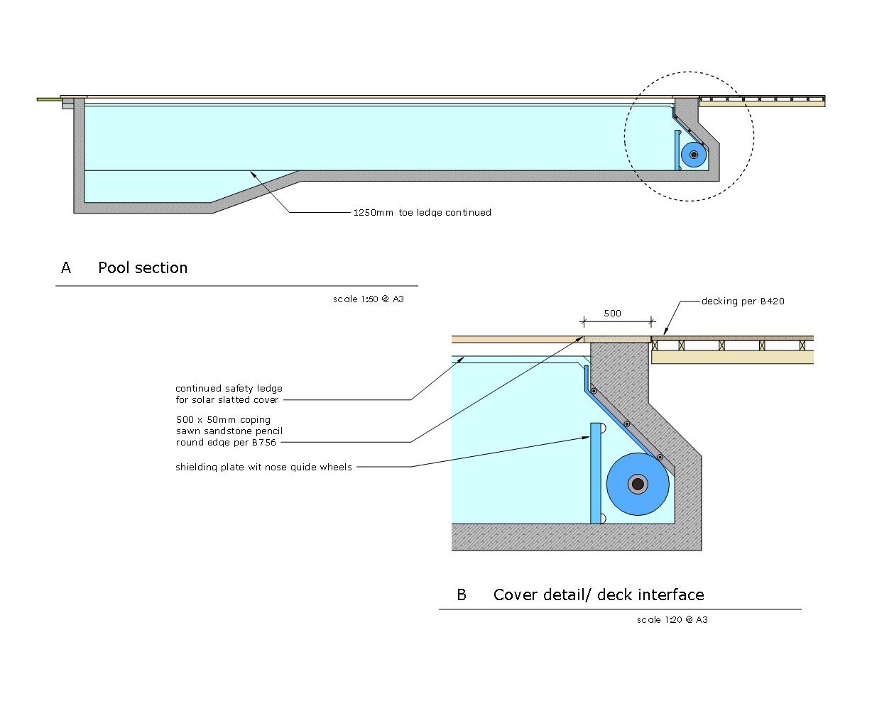 Technical drawing showing cross section through a swimming pool